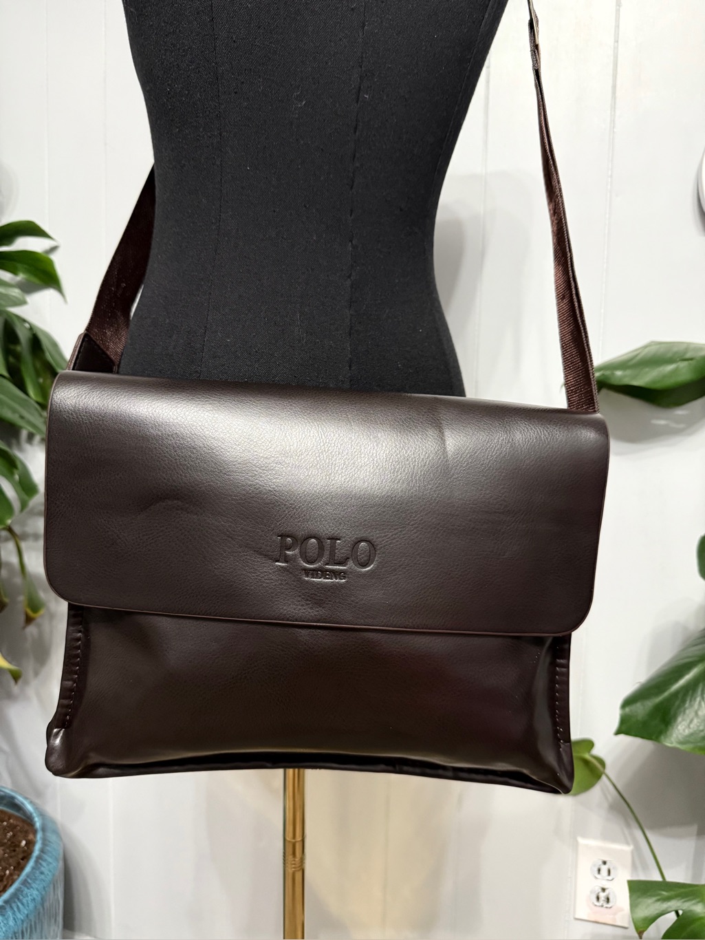 Polo Videng Men’s Brown Leather Messenger Bag With Branded Strap 13”X9”